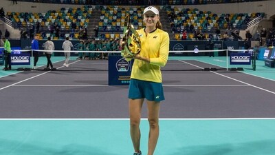 Elena Rybakina of Kazakhstan poses with the trophy during the podium ceremony after winning the Women's Singles final match at the Mubadala Abu Dhabi Open tennis tournament in Abu Dhabi on February 11 (AFP)