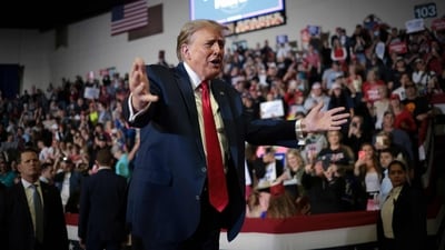 CONWAY, SOUTH CAROLINA - FEBRUARY 10: Republican presidential candidate and former President Donald Trump gestures to members of the audience as he leaves a Get Out The Vote rally at Coastal Carolina University on February 10, 2024 in Conway, South Carolina. South Carolina holds its Republican primary on February 24. Win McNamee/Getty Images/AFP (Photo by WIN MCNAMEE / GETTY IMAGES NORTH AMERICA / Getty Images via AFP) (Getty Images via AFP) CONWAY, SOUTH CAROLINA - FEBRUARY 10: Republican presidential candidate and former President Donald Trump gestures to members of the audience as he leaves a Get Out The Vote rally at Coastal Carolina University on February 10, 2024 in Conway, South Carolina. South Carolina holds its Republican primary on February 24. Win McNamee/Getty Images/AFP (Photo by WIN MCNAMEE / GETTY IMAGES NORTH AMERICA / Getty Images via AFP) (Getty Images via AFP)