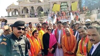 Uttar Pradesh chief minister Yogi Adityanath with lawmakers at the Ram temple in Ayodhya on Sunday. (ANI PHOTO) Uttar Pradesh chief minister Yogi Adityanath with lawmakers at the Ram temple in Ayodhya on Sunday. (ANI PHOTO)