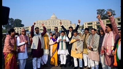 Uttar Pradesh lawmakers before their trip to Ayodhya began on Sunday (Deepak Gupta)