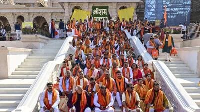 Uttar Pradesh lawmakers on the steps of the Ram temple in Ayodhya on Sunday. (PTI PHOTO) Uttar Pradesh lawmakers on the steps of the Ram temple in Ayodhya on Sunday. (PTI PHOTO)