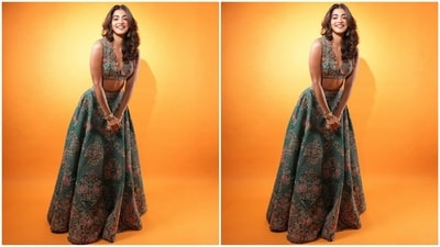 Pooja's outfit is from the designer brand Mrunalini Rao and comes with a price tag of <span class='webrupee'>₹</span>4.14 lakh. Assisted by fashion stylist Rizwan Shaikh, Pooja accessorised her look with a pair of kundan statement earrings featuring green emeralds and stacked bracelets adorning her wrist. She left her luscious curls in open partitions. (Instagram/@hegdepooja) Pooja's outfit is from the designer brand Mrunalini Rao and comes with a price tag of <span class='webrupee'>₹</span>4.14 lakh. Assisted by fashion stylist Rizwan Shaikh, Pooja accessorised her look with a pair of kundan statement earrings featuring green emeralds and stacked bracelets adorning her wrist. She left her luscious curls in open partitions. (Instagram/@hegdepooja)