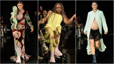 A pregnant model, a model with a baby, and a trans physically disabled model were the real showstoppers at Collina Strada's New York Fashion Week show. (Instagram/@collinastrada) A pregnant model, a model with a baby, and a trans physically disabled model were the real showstoppers at Collina Strada's New York Fashion Week show. (Instagram/@collinastrada)