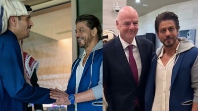 (L) Shah Rukh Khan with Qatar PM; with FIFA president.