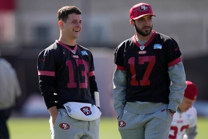 San Francisco 49ers quarterback Brock Purdy (13) and San Francisco 49ers quarterback Brandon Allen (17) watch during a practice ahead of the Super Bowl 58 NFL football game Saturday, Feb. 10, 2024, in Las Vegas. (AP Photo/John Locher) (AP) San Francisco 49ers quarterback Brock Purdy (13) and San Francisco 49ers quarterback Brandon Allen (17) watch during a practice ahead of the Super Bowl 58 NFL football game Saturday, Feb. 10, 2024, in Las Vegas. (AP Photo/John Locher) (AP)