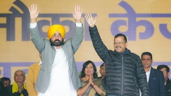 AAP national convener Arvind Kejriwal with Punjab CM Bhagwant Mann.