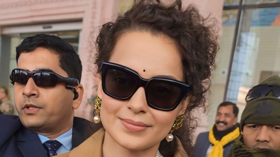 Kangana Ranaut after her arrival ahead of the consecration ceremony of Ram Mandir at Ayodhya in January. (File Photo/ PTI)
