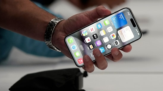 The iPhone 15 Pro is shown after its introduction on the Apple campus. (AP)
