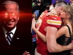 Taylor Swift embraces boyfriend Travis Kelce and the couple locked lips on the field at Allegiant Stadium after his Kansas City Chiefs beat the San Francisco 49ers 25-22 in the Super Bowl. Taylor Swift embraces boyfriend Travis Kelce and the couple locked lips on the field at Allegiant Stadium after his Kansas City Chiefs beat the San Francisco 49ers 25-22 in the Super Bowl.
