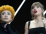 Feb 11, 2024; Paradise, Nevada, USA; Recording artist Taylor Swift pictured with Ice Spice reacts during the first quarter of Super Bowl LVIII between Kansas City Chiefs and San Francisco 49ers at Allegiant Stadium. Mandatory Credit: Joe Camporeale-USA TODAY Sports