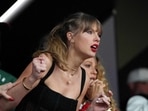 Taylor Swift reacts during the first quarter between Kansas City Chiefs and San Francisco 49ers of Super Bowl LVIII at Allegiant Stadium