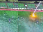 The image shows the moment a footballer in Indonesia was struck by lightning. The image shows the moment a footballer in Indonesia was struck by lightning.