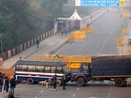 Police barricades put up at Ghazipur border in view of farmers' 'Delhi Chalo March' in New Delhi, Monday. Police barricades put up at Ghazipur border in view of farmers' 'Delhi Chalo March' in New Delhi, Monday.