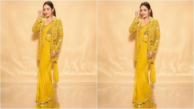 To elevate your Basant Panchami look, take inspiration from none other than the queen of saree looks, OG Madhuri Dixit. Her yellow saree is loved by fashion critics. Designed by Seema Gujral, the saree is made of luxurious georgette fabric adorned with mirror work and a sleek border all around. She paired it with a matching embroidered blouse and an open-front jacket embellished with mirror work. With glam makeup look, statement earrings and a messy ponytail, she looked stunning. (Instagram/@madhuridixitnene) To elevate your Basant Panchami look, take inspiration from none other than the queen of saree looks, OG Madhuri Dixit. Her yellow saree is loved by fashion critics. Designed by Seema Gujral, the saree is made of luxurious georgette fabric adorned with mirror work and a sleek border all around. She paired it with a matching embroidered blouse and an open-front jacket embellished with mirror work. With glam makeup look, statement earrings and a messy ponytail, she looked stunning. (Instagram/@madhuridixitnene)