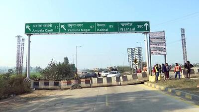 A barricaded road as security was tightened at the Ambala-Kaithal bypass ahead of the farmers’ march to Delhi on February 13. (ANI Photo)
