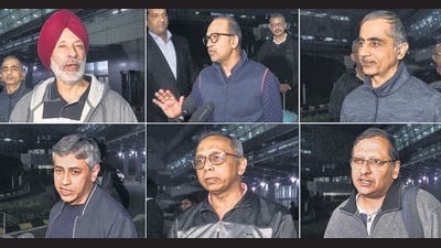 A combination of pictures shows the ex-Indian Navy veterans, who were in custody in Qatar, at the Delhi airport on Monday. (ANI) A combination of pictures shows the ex-Indian Navy veterans, who were in custody in Qatar, at the Delhi airport on Monday. (ANI)
