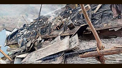 A three-storey house was gutted in the fire at Diggi in Ramban district on Monday. (HT Photo) A three-storey house was gutted in the fire at Diggi in Ramban district on Monday. (HT Photo)
