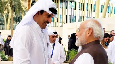 FILE PHOTO: Prime Minister Narendra Modi with Emir of Qatar Sheikh Tamim bin Hamad Al Thani during the COP28 in UAE on December 1. (PTI File/@narendramodi/X)