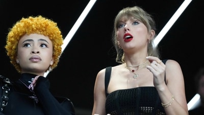 Feb 11, 2024; Paradise, Nevada, USA; Recording artist Taylor Swift pictured with Ice Spice reacts during the first quarter of Super Bowl LVIII between Kansas City Chiefs and San Francisco 49ers at Allegiant Stadium. Mandatory Credit: Joe Camporeale-USA TODAY Sports (USA TODAY Sports via Reuters Con)