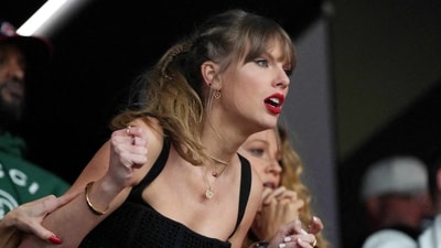Taylor Swift reacts during the first quarter between Kansas City Chiefs and San Francisco 49ers of Super Bowl LVIII at Allegiant Stadium (USA TODAY Sports via Reuters Con)
