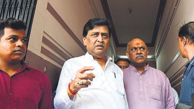 Mumbai, India – Feb 12, 2024: Former Congress leader Ashok Chavan addressing the media outside his residence, at Churchgate, in Mumbai, India, on Monday, Feb 12, 2024. (Photo by Bhushan Koyande/HT Photo) Mumbai, India – Feb 12, 2024: Former Congress leader Ashok Chavan addressing the media outside his residence, at Churchgate, in Mumbai, India, on Monday, Feb 12, 2024. (Photo by Bhushan Koyande/HT Photo)