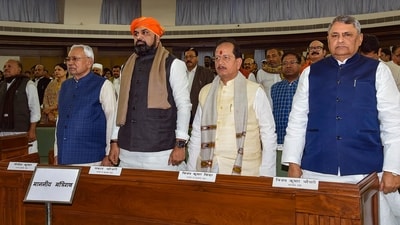 Patna: Bihar chief minister Nitish Kumar with Deputy chief ministers Samrat Choudhary and Vijay Kumar Sinha. (PTI)