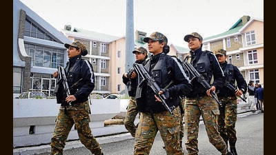 Security personnel at the Vidhan Sabha ahead of budget session, in Shimla on Monday. (Deepak Sansta/HT) Security personnel at the Vidhan Sabha ahead of budget session, in Shimla on Monday. (Deepak Sansta/HT)