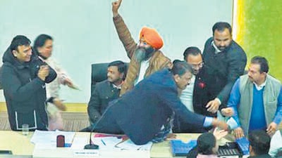 When the results were declared, 16 votes had been polled in BJP’s favour, 12 in the INDIA bloc’s favour and eight had been declared invalid. (HT Photo) When the results were declared, 16 votes had been polled in BJP’s favour, 12 in the INDIA bloc’s favour and eight had been declared invalid. (HT Photo)