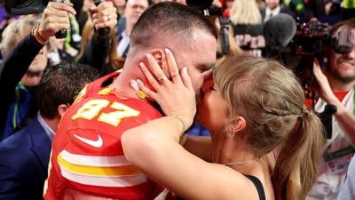 Taylor Swift and Travis Kelce at the Super Bowl.
