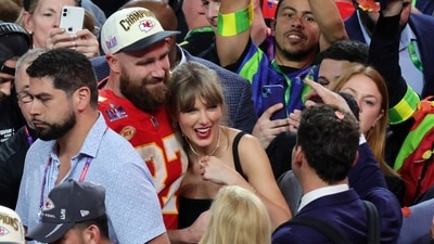 LAS VEGAS, NEVADA - FEBRUARY 11: Travis Kelce #87 of the Kansas City Chiefs celebrates with Taylor Swift after defeating the San Francisco 49ers 25-22 in overtime during Super Bowl LVIII at Allegiant Stadium on February 11, 2024 in Las Vegas, Nevada. Ethan Miller/Getty Images/AFP (Photo by Ethan Miller / GETTY IMAGES NORTH AMERICA / Getty Images via AFP) (Getty Images via AFP) LAS VEGAS, NEVADA - FEBRUARY 11: Travis Kelce #87 of the Kansas City Chiefs celebrates with Taylor Swift after defeating the San Francisco 49ers 25-22 in overtime during Super Bowl LVIII at Allegiant Stadium on February 11, 2024 in Las Vegas, Nevada. Ethan Miller/Getty Images/AFP (Photo by Ethan Miller / GETTY IMAGES NORTH AMERICA / Getty Images via AFP) (Getty Images via AFP)