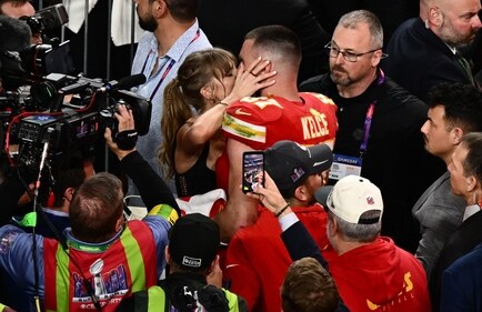 US singer-songwriter Taylor Swift kisses Kansas City Chiefs' tight end #87 Travis Kelce after the Chiefs won Super Bowl LVIII against the San Francisco 49ers (AFP) US singer-songwriter Taylor Swift kisses Kansas City Chiefs' tight end #87 Travis Kelce after the Chiefs won Super Bowl LVIII against the San Francisco 49ers (AFP)