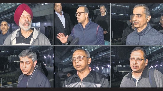 A combination of pictures shows the ex-Indian Navy veterans, who were in custody in Qatar, at the Delhi airport on Monday. (ANI)