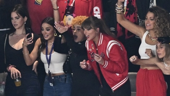 US singer-songwriter Taylor Swift (3rd R), US singer-songwriter Lana Del Rey (L), US rapper Ice Spice (3rd L), Ashley Avignone (R) and US actress Blake Lively attend Super Bowl LVIII between the Kansas City Chiefs and the San Francisco 49ers at Allegiant Stadium in Las Vegas, Nevada, February 11, 2024.(AFP)