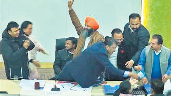 When the results were declared, 16 votes had been polled in BJP’s favour, 12 in the INDIA bloc’s favour and eight had been declared invalid. (HT Photo)