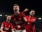 Manchester United's Rasmus Hojlund, center, celebrates scoring their side's third goal Manchester United's Rasmus Hojlund, center, celebrates scoring their side's third goal