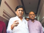 Former Congress leader Ashok Chavan addressing the media outside his residence, at Churchgate, in Mumbai. (HT Photo)