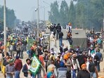 Protesting farmers during their 'Delhi Chalo' march on the Haryana-Punjab Shambhu border near Ambala on Tuesday. (ANI) Protesting farmers during their 'Delhi Chalo' march on the Haryana-Punjab Shambhu border near Ambala on Tuesday. (ANI)