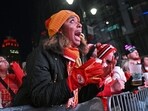 Kansas City Chiefs fan Porschae Oglesby reacts after a play during a Super Bowl 58 watch party at the Power and Light District, Sunday, Feb. 11, 2024, in Kansas City, Mo. (AP Photo/Peter Aiken) Kansas City Chiefs fan Porschae Oglesby reacts after a play during a Super Bowl 58 watch party at the Power and Light District, Sunday, Feb. 11, 2024, in Kansas City, Mo. (AP Photo/Peter Aiken)