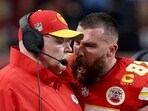 LAS VEGAS, NEVADA - FEBRUARY 11: Travis Kelce #87 of the Kansas City Chiefs reacts at Head coach Andy Reid in the first half against the San Francisco 49ers during Super Bowl LVIII at Allegiant Stadium on February 11, 2024 i LAS VEGAS, NEVADA - FEBRUARY 11: Travis Kelce #87 of the Kansas City Chiefs reacts at Head coach Andy Reid in the first half against the San Francisco 49ers during Super Bowl LVIII at Allegiant Stadium on February 11, 2024 i