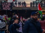 Protestors demonstrate near Columbia University on February 02, 2024 in New York City. The demonstrations were held in solidarity with Pro-Palestinian protesters that were allegedly attacked during a protest two weeks ago on the university campus.