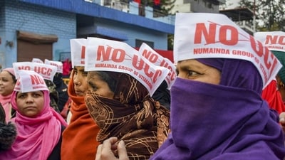A protest against the Uniform Civil Code in Dehradun on Monday. (PTI) A protest against the Uniform Civil Code in Dehradun on Monday. (PTI)