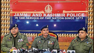 ADGP Vijay Kumar, DIG central range Rajiv Pandey and Kashmir IGP VK Birdi at a press conference in Srinagar on Tuesday. (ANI) ADGP Vijay Kumar, DIG central range Rajiv Pandey and Kashmir IGP VK Birdi at a press conference in Srinagar on Tuesday. (ANI)