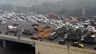 Farmers protest: Heavy traffic snarl witnessed at the Ghazipur border ahead of farmers' 'Delhi Chalo' march, in New Delhi on Tuesday. (ANI Photo/Sanjay Sharma) Farmers protest: Heavy traffic snarl witnessed at the Ghazipur border ahead of farmers' 'Delhi Chalo' march, in New Delhi on Tuesday. (ANI Photo/Sanjay Sharma)