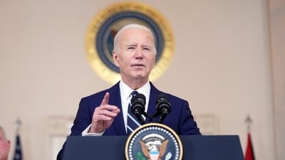 President Joe Biden speaks as Jordan's King Abdullah II listens in the Cross Hall of the White House, Monday, Feb. 12, 2024, in Washington. AP/PTI(AP02_13_2024_000012A) (AP) President Joe Biden speaks as Jordan's King Abdullah II listens in the Cross Hall of the White House, Monday, Feb. 12, 2024, in Washington. AP/PTI(AP02_13_2024_000012A) (AP)