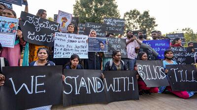 Activists hold placards in support of Bilkis Bano during a protest, at freedom park in Bengaluru, in January 2024. (PTI) Activists hold placards in support of Bilkis Bano during a protest, at freedom park in Bengaluru, in January 2024. (PTI)