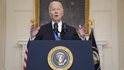 President Joe Biden delivers remarks on a $95 billion Ukraine Israel aid package being debated in Congress, in the State Dining Room of the White House, Tuesday, Feb. 13, 2024, in Washington. (AP) President Joe Biden delivers remarks on a $95 billion Ukraine Israel aid package being debated in Congress, in the State Dining Room of the White House, Tuesday, Feb. 13, 2024, in Washington. (AP)
