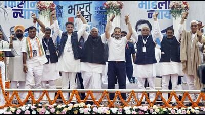 Congress leaders during the Bharat Jodo Nyay Yatra at Ambikapur in Chhattisgarh’s Surguja district on Tuesday. (Image posted by Congress on X) Congress leaders during the Bharat Jodo Nyay Yatra at Ambikapur in Chhattisgarh’s Surguja district on Tuesday. (Image posted by Congress on X)