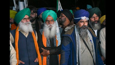 Farmer leaders at the Punjab-Haryana Shambhu border during farmers' 'Delhi Chalo' march, in Patiala district on Tuesday. There is no invitation from the Centre for fresh round of talks since the last meeting ended in a deadlock on Monday night, said Jagjit Singh Dallewal of the BKU (Ekta Sidhupur). (PTI)