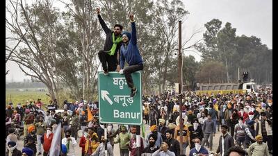 Farmers gather at Punjab-Haryana Shambhu border during their 'Delhi Chalo' march, near Patiala on Tuesday. (PTI) Farmers gather at Punjab-Haryana Shambhu border during their 'Delhi Chalo' march, near Patiala on Tuesday. (PTI)