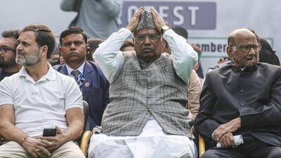 A file photo of Congress president Mallikarjun Kharge with party leader Rahul Gandhi and Sharad Pawar at a protest of Indian National Developmental Inclusive Alliance at Jantar Mantar in New Delhi. (PTI file) A file photo of Congress president Mallikarjun Kharge with party leader Rahul Gandhi and Sharad Pawar at a protest of Indian National Developmental Inclusive Alliance at Jantar Mantar in New Delhi. (PTI file)
